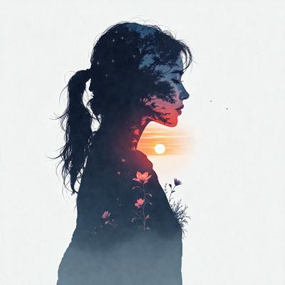 The primary subject of the image is a woman with a ponytail, who is looking at the sunset. The setting is a beach, with the sunset in the background. The visual style is a combination of digital art and illustration, creating a unique and artistic representation of the scene. The colors and mood of the image are warm and serene, with the sunset casting a warm glow on the woman and the beach.